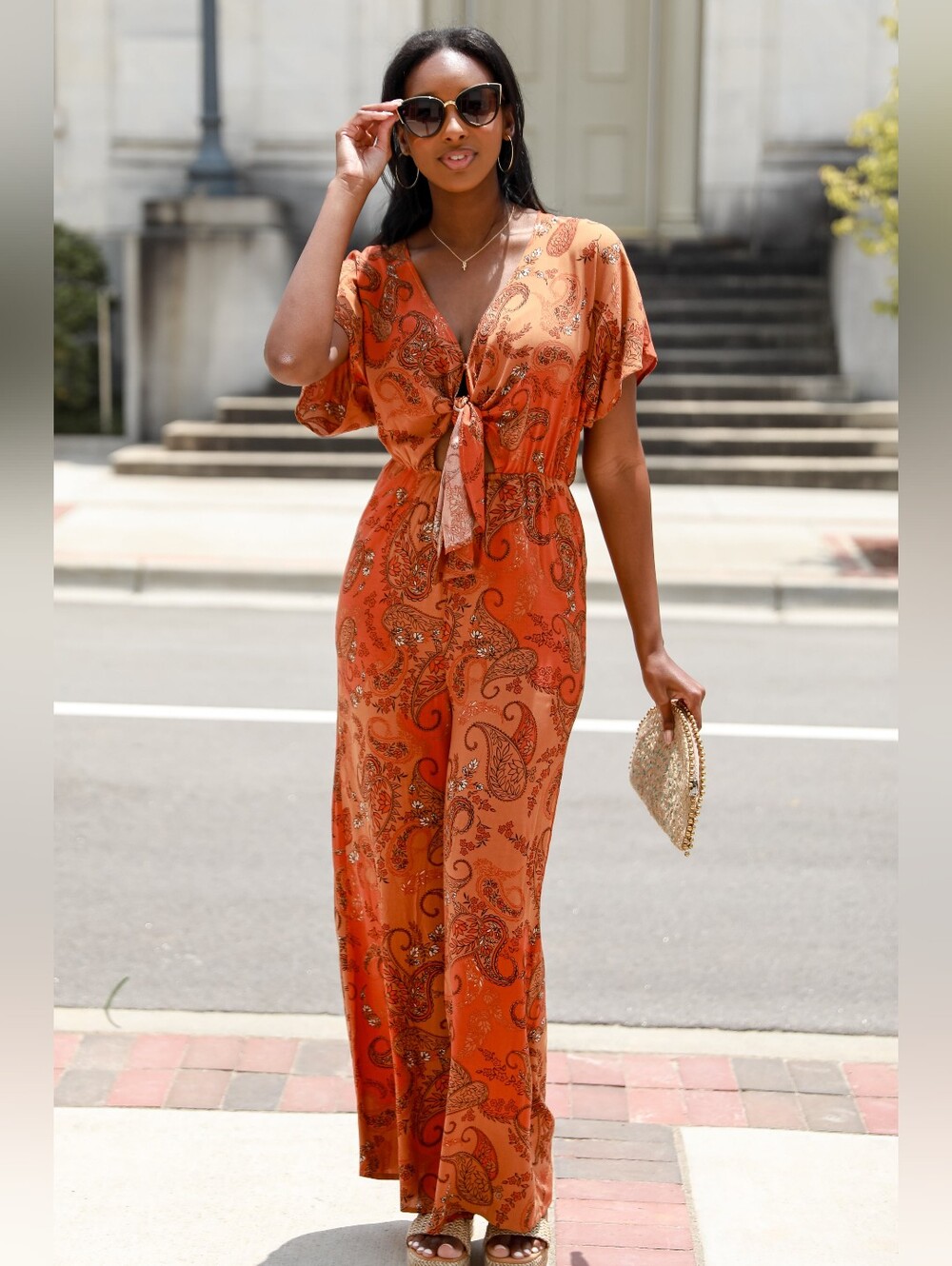 LUSH | Women’s Orange Paisley Tie-Front Jumpsuit